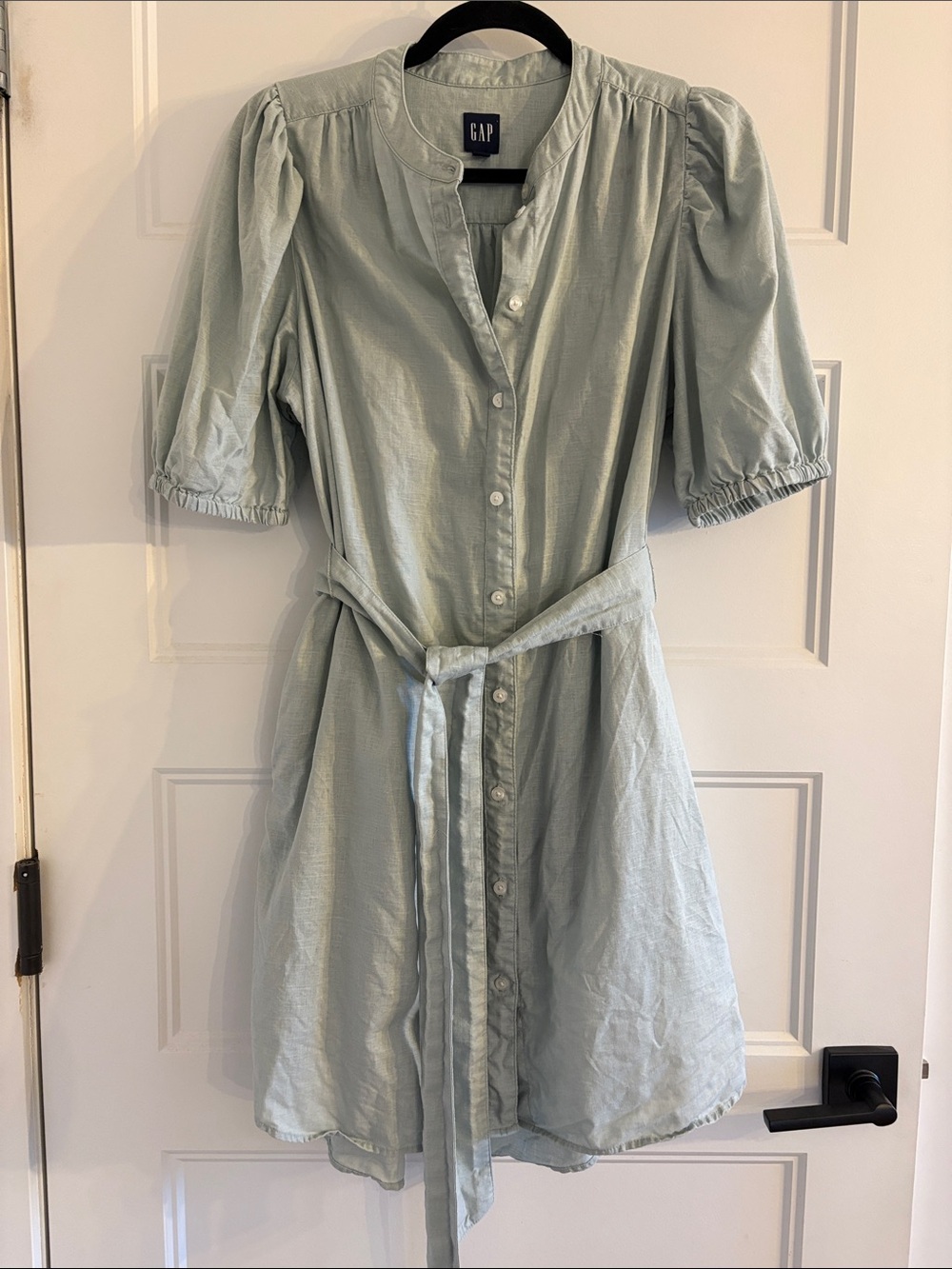 Cotton Linen Dusty Bleu Dress with Puff sleeves and waist tie - pockets